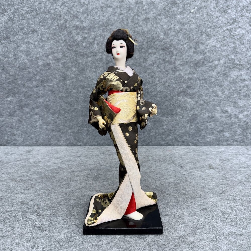 Vintage Japanese Geisha Doll Traditional Red & Gold Kimono Floral Pattern, Japan